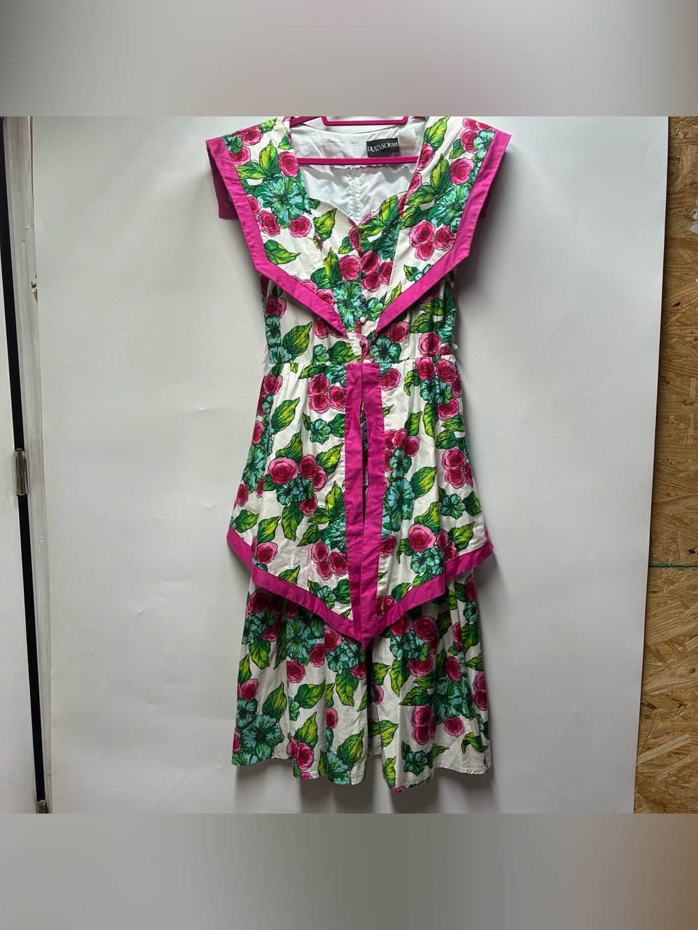 Vintage 90s Plaza South 12 Pink Floral Padded Shoulder Midi Dress Sailor